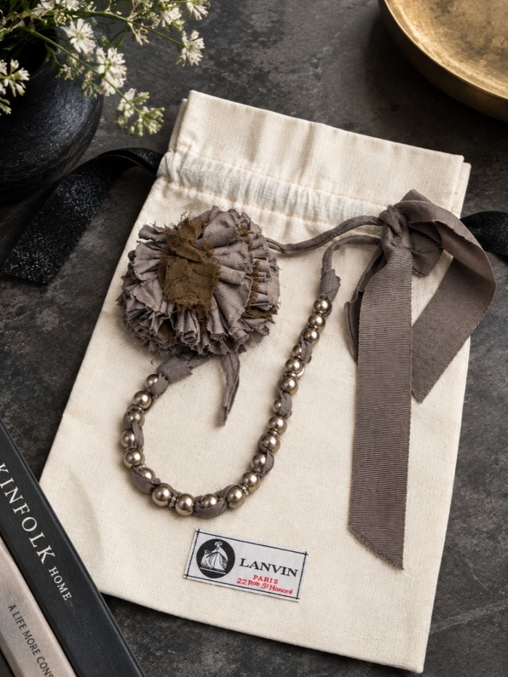 Lanvin Taupe Grosgrain Ribbon Necklace with Fabric Flower and Metallic Beads